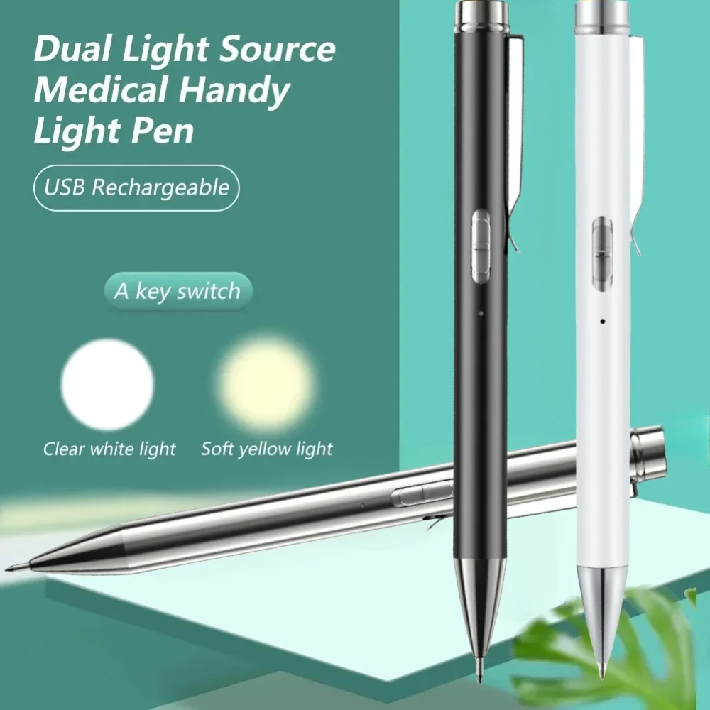 2 in 1 Mini Portable Medical LED Flashlight USB Rechargeable Dentist Nurse Pocket Pen Light with Stainless Steel Clip Can Write