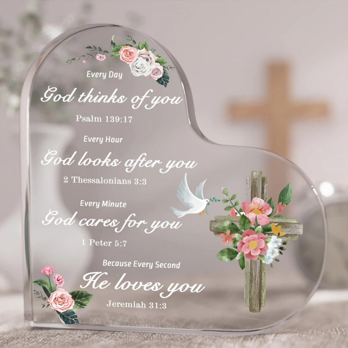 White Pigeon Flower Print Acrylic Heart Plaque Praise God Christianity Gifts for Counter Bedroom Living Room Keepsake Sign Decor