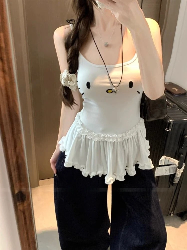 

Hello Kitty Women's 2025 Summer Kawaii Camisole Ruffle Hem Lace Trim Sleeveless Tank Top Cute Fashion Comfy Daily Wear