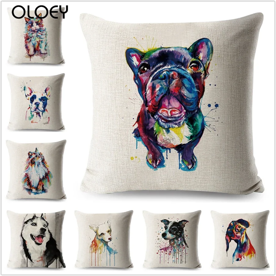 

Watercolor Pet Dog Cat Cushion Cover Decor Colorful Cartoon Animals Pillowcase for Sofa Home Polyester Pillow Case45x45cm