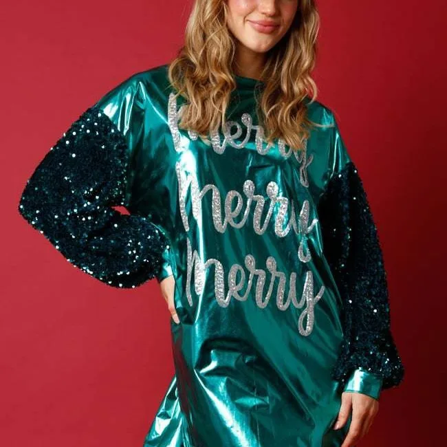 

Women's Sequins Letters Decorating Dress Fashion Metallic Color Long Sleeve Crew Neck Loose Christmas Printed Women Dresses