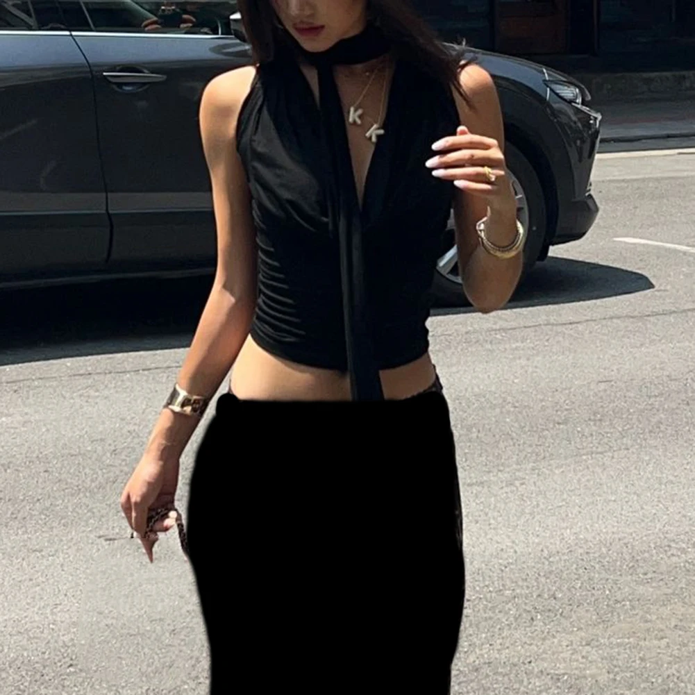 2025 Fashion Top Ribbon Sleeveless Top Casual Outing Festive Events V-neck Design Regular Length Slight Stretch