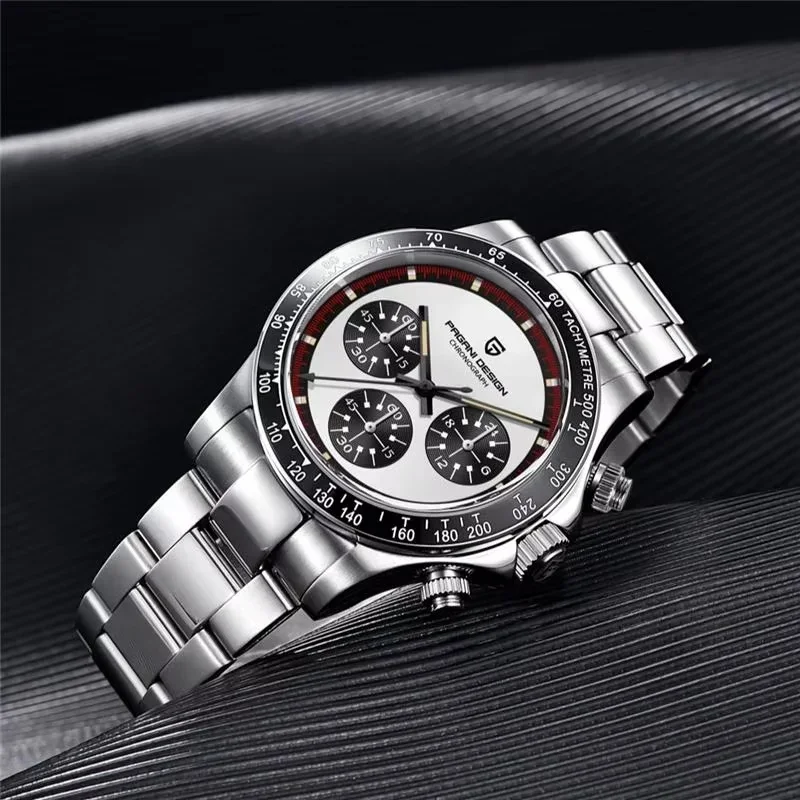 PAGANI DESIGN PD-1676 Panda Dial Chronograph Watch For Men, VK63 Quartz Movement, Sapphire Glass, Tachymeter Ceramic Bezel