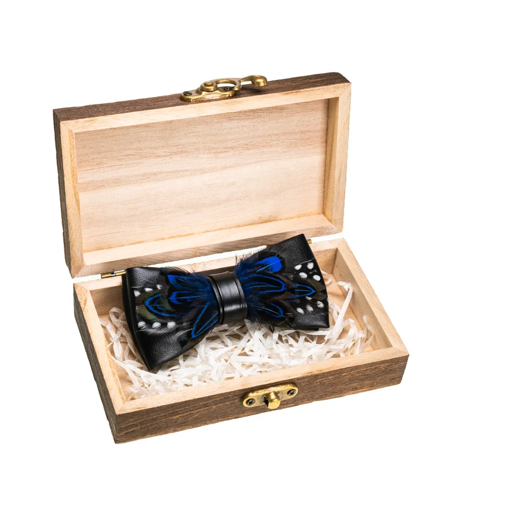 EASTEPIC Stylish Golden Bow Ties for Men Children\'s Accessory Adjustable Strap Wooden Box Wedding Party Natural Peacock Feather