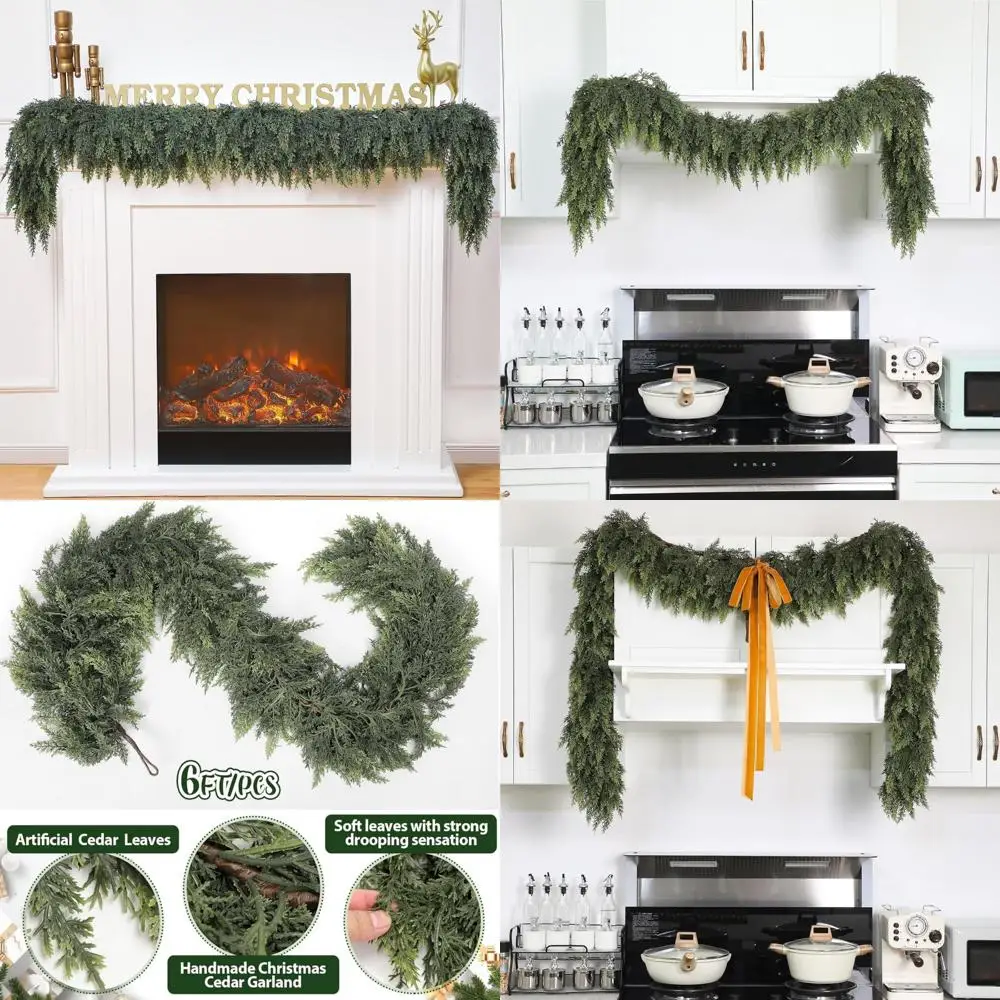 

Thick Lush Artificial Cedar Pine Needles Garland - 6 ft x 2 Pieces Green Faux Christmas Garland for Holiday Decorations