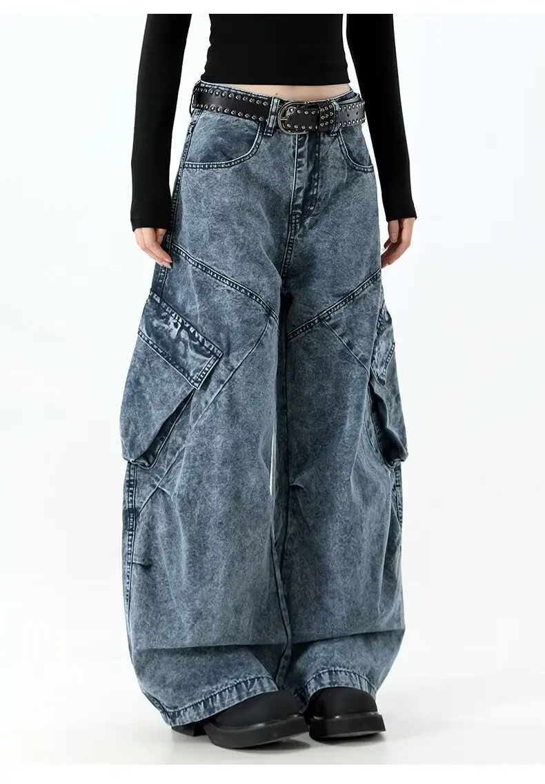 Vintage Washed Jeans Heavy Industry Washed Jeans For Men And Women Multi-Pocket Loose Wide-Leg Hip-Hop Gothic Scimitar Jeans