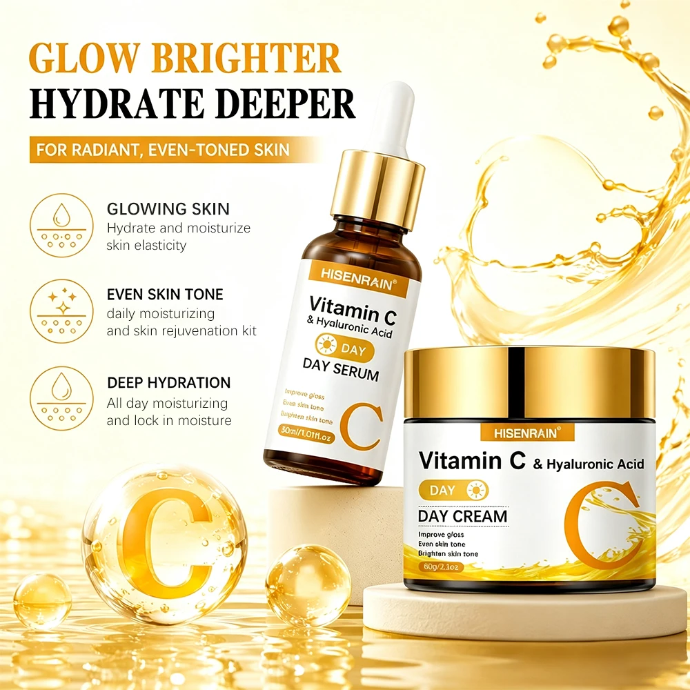 HISENRAIN 2PCS Vitamin C & Hyaluronic Acid Day Serum And Cream Set 24H Deep Hydration Moisturizer Firming Brightening Luminous S