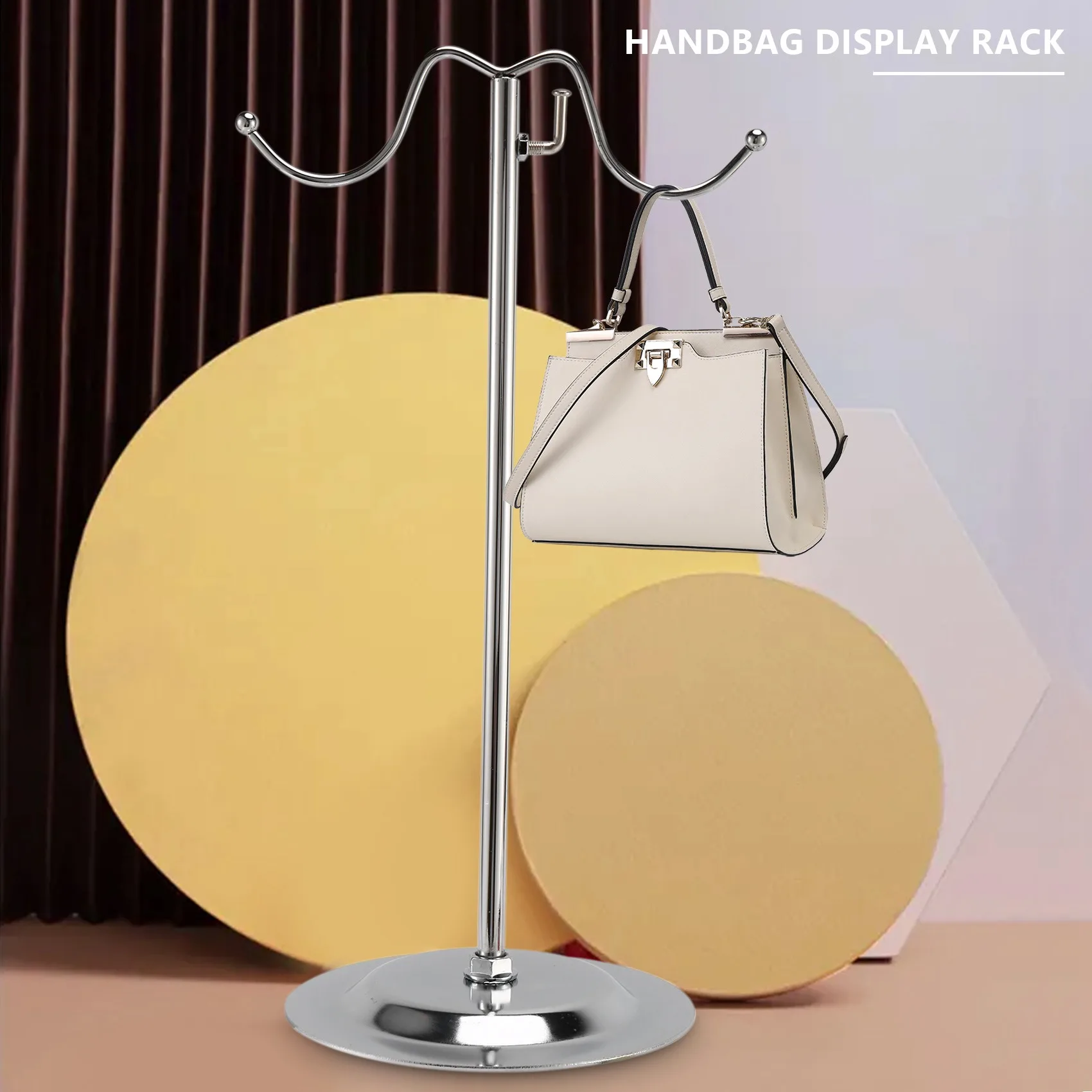 F-3C Металлическая стойка для сумок Женская подставка для сумок Двойной крючок Регулируемый держатель из нержавеющей стали