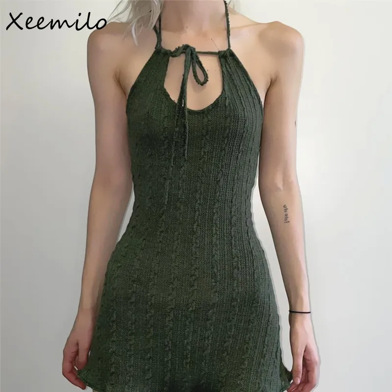 

Xeemilo Elegant Y2K Sleeveless Mini Dress Sexy Knit Backless Halter Dresses 2024 Summer Fashion Drawstring Streetwear Slip Dress