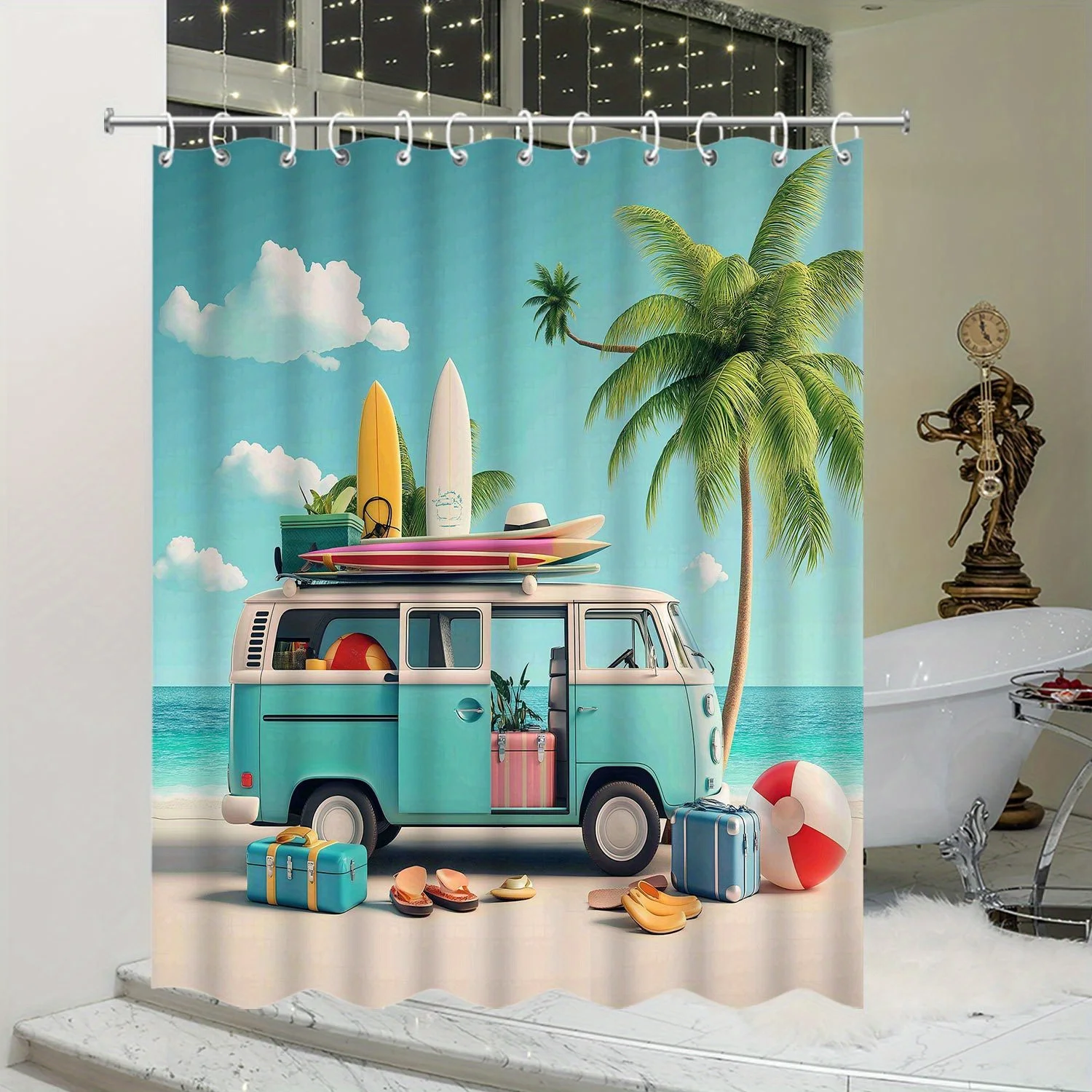 Retro VW Van Tropical Beach Shower Curtain Coastal Summer Vacation Decor Bathroom Waterproof Print