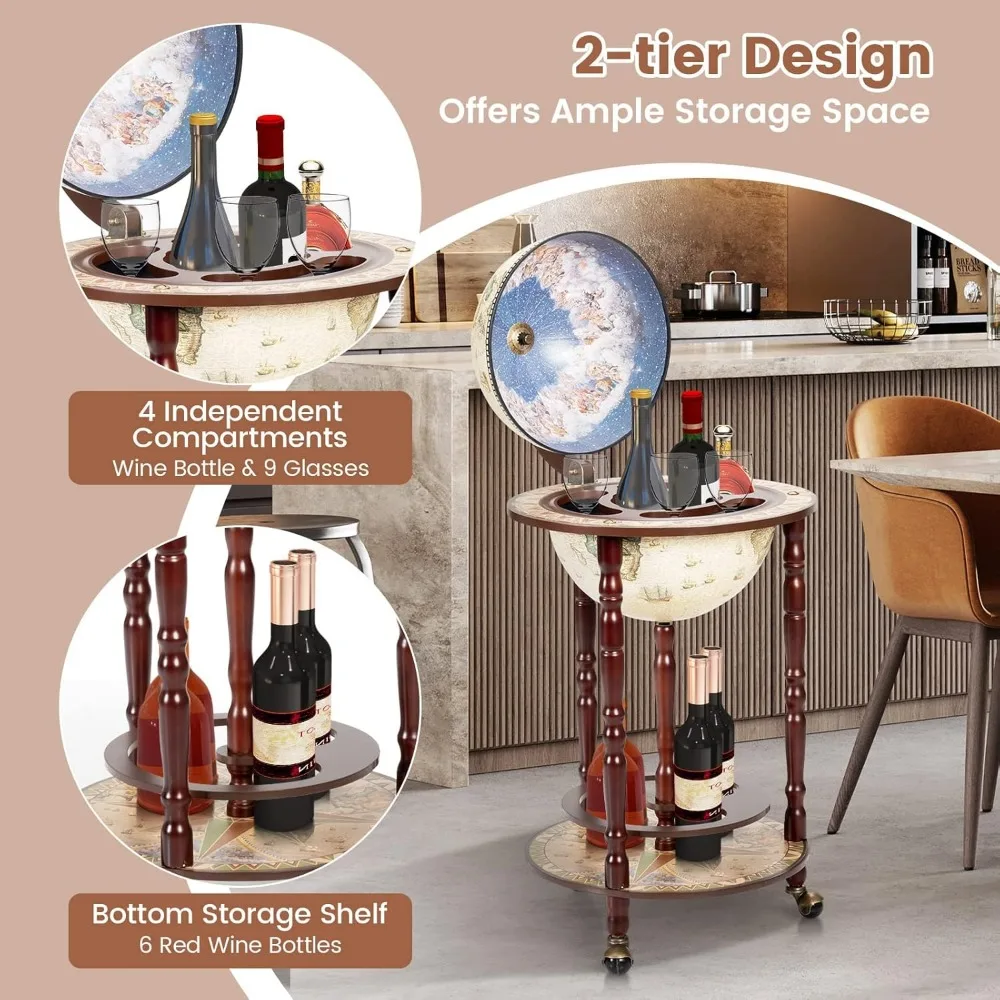 18-inch Antique-Style Globe Bar Cabinet on Wheels with Bottom Shelf and 16th Century Italian Map Replica