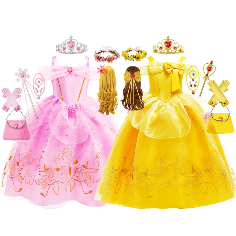 Belle Costume Girl Beauty and Beast Dress Kids Birthday Aurora Dress for Girls Sleeping Beauty Cosplay Halloween Disguise