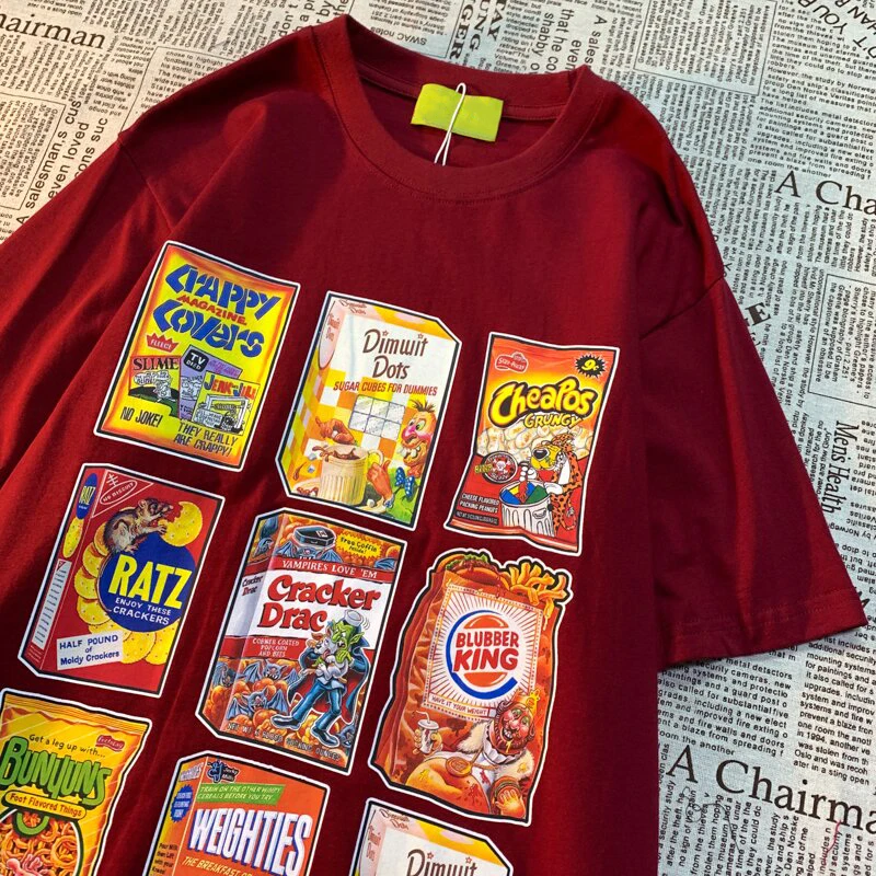 Retro Fun Snack Printing New Summer Women'S Short Sleeve Loose Versatile Round Neck Top Novel Comfortable Breathable Clothes
