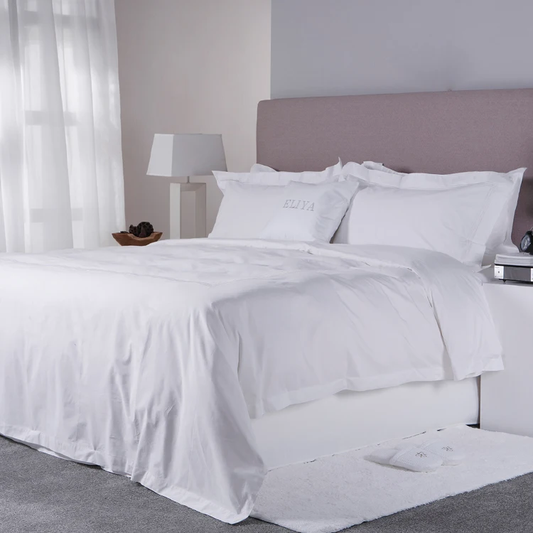 Hotel Luxury Plain Embroidery Flower White 100% Cotton Bedding Set