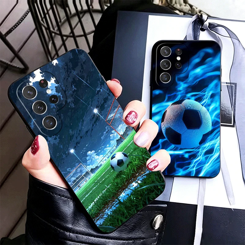 Football Soccer Ball Design Silicone Phone Case for Samsung Galaxy S24 S26 Ultra S25 Edge S23 Plus S22 + S21 S20 FE 5G Black Sof