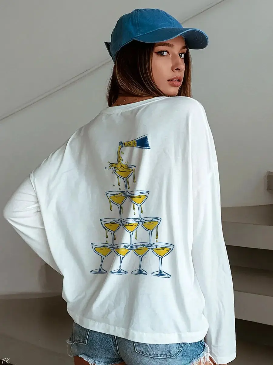Unique Chic Champagne Tower Print Cotton Long Sleeve T-Shirt – Retro Party Graphic Tee for Women Russian Fashion Lady Streetwear