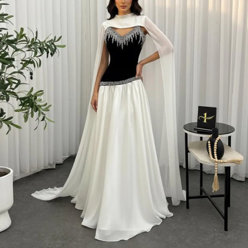 

Бело-черное вечернее платье по индивидуальному заказу с накидкой из бисера A Line Formal فساتين سهرة V-образным вырезом без рукавов платья de gala