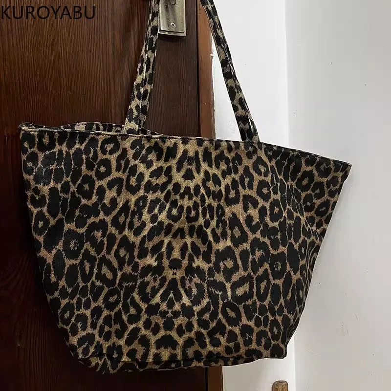 Chic Leopard Pattern Tote Bag Vintage Canvas Y2k Shoulder Bag Women Large Capacity Handbag for School Work Shopping Bolsa Mujer