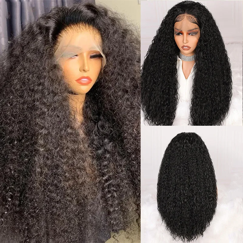 

180Density Long Soft 26“ Kinky Curly Lace Front Wig For Black Women BabyHair Black Glueless Preplucked Heat Resistant Daily Wig