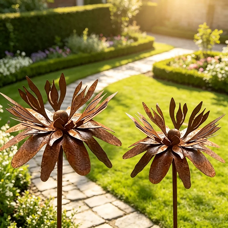 Décoration de jardin vintage en fer rouillé, piquet floral, moulin à vent en métal, ornement rustique pour pelouse et allée, piquet paysager extérieur