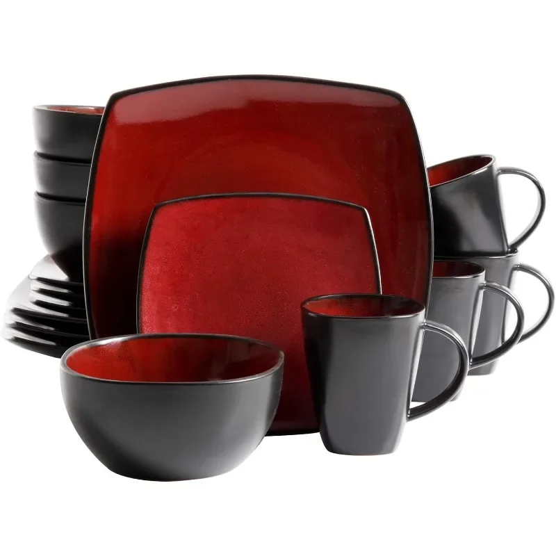 Lounge Square Reactive Glaze Dinnerware Set, Red, Service for 4 (16pcs)