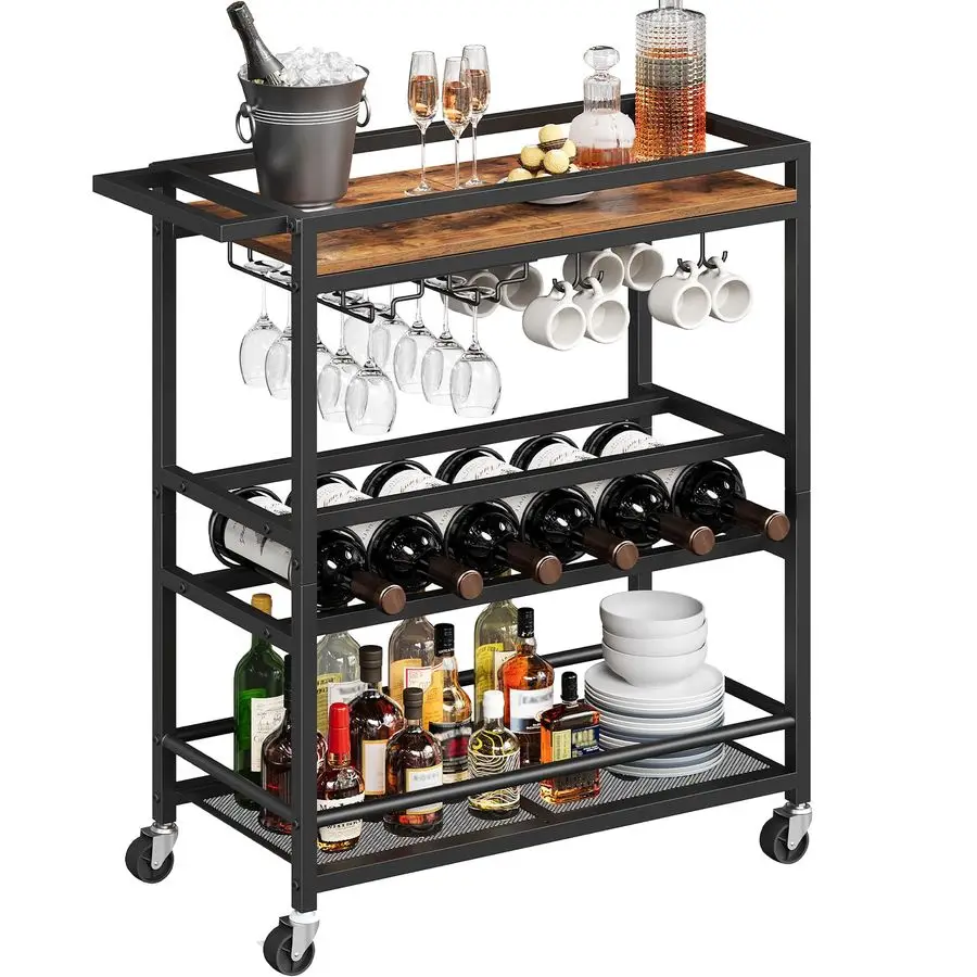 

Cart for Home, 3Tier Serving Cart with Wine Rack, Rolling Wine Cart with Glass Holders, Beverage Cart, for Living Room, Dining R