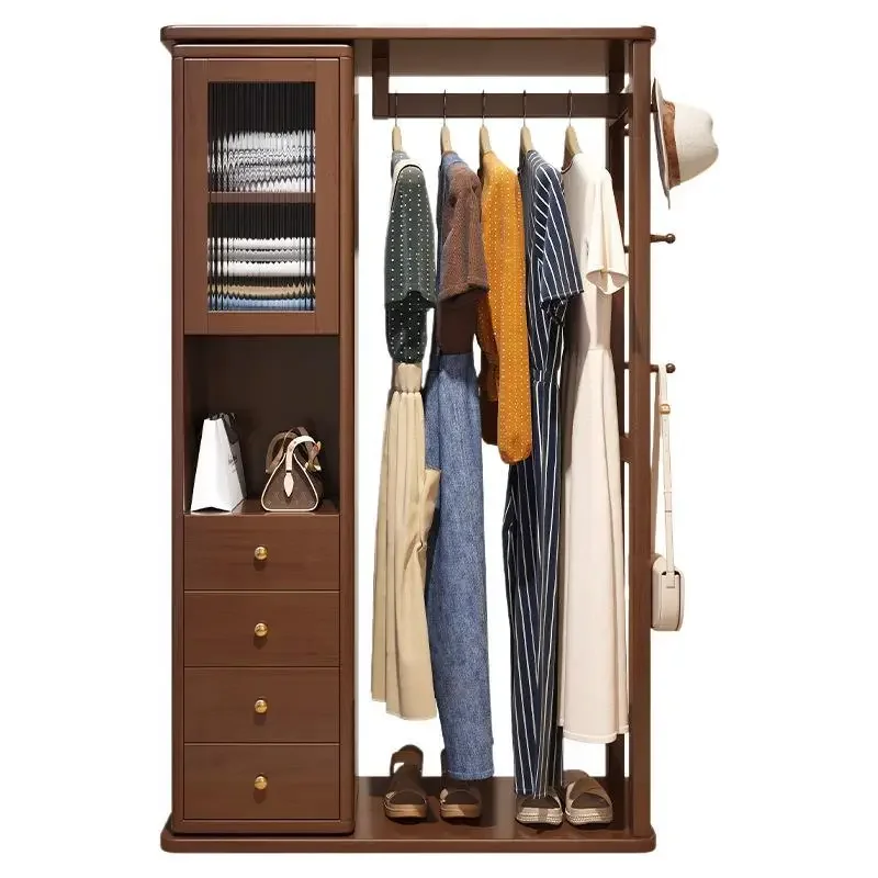 Solid wood household rotatable with full-length mirror coat rack bedroom wardrobe new Chinese floor-to-ceiling