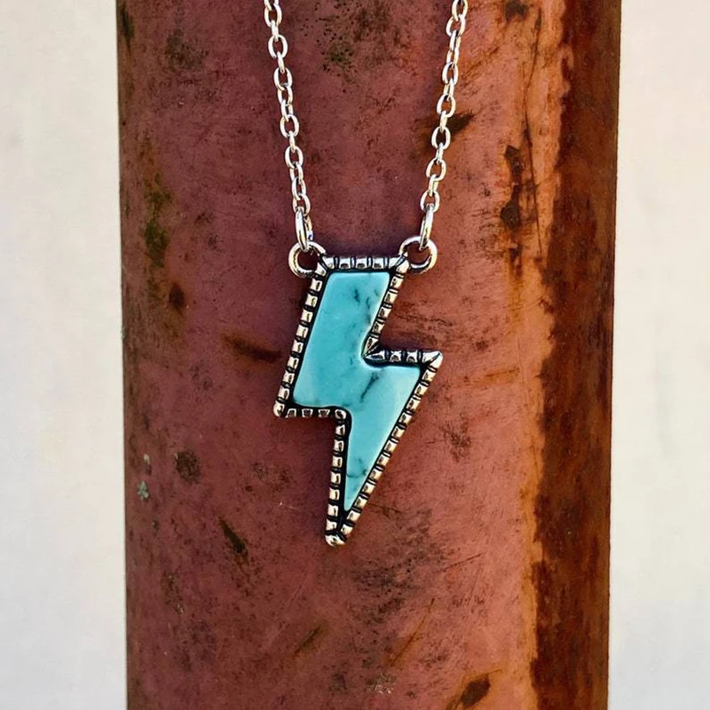 Bolt Necklace Lightning Bolt Thunder Blue Stone Charm Jewelry for Women Girls Metal Turquoise Boho Thunder Necklace