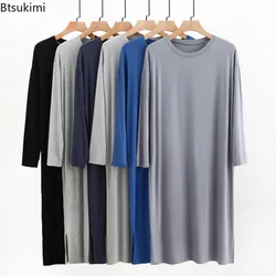 New 2024 Men's O-Neck Long Sleeve Robes Homewear Mid-long Knee Length Soft Comfortable Modal Nightwear Men Solid Thin Bathrobe