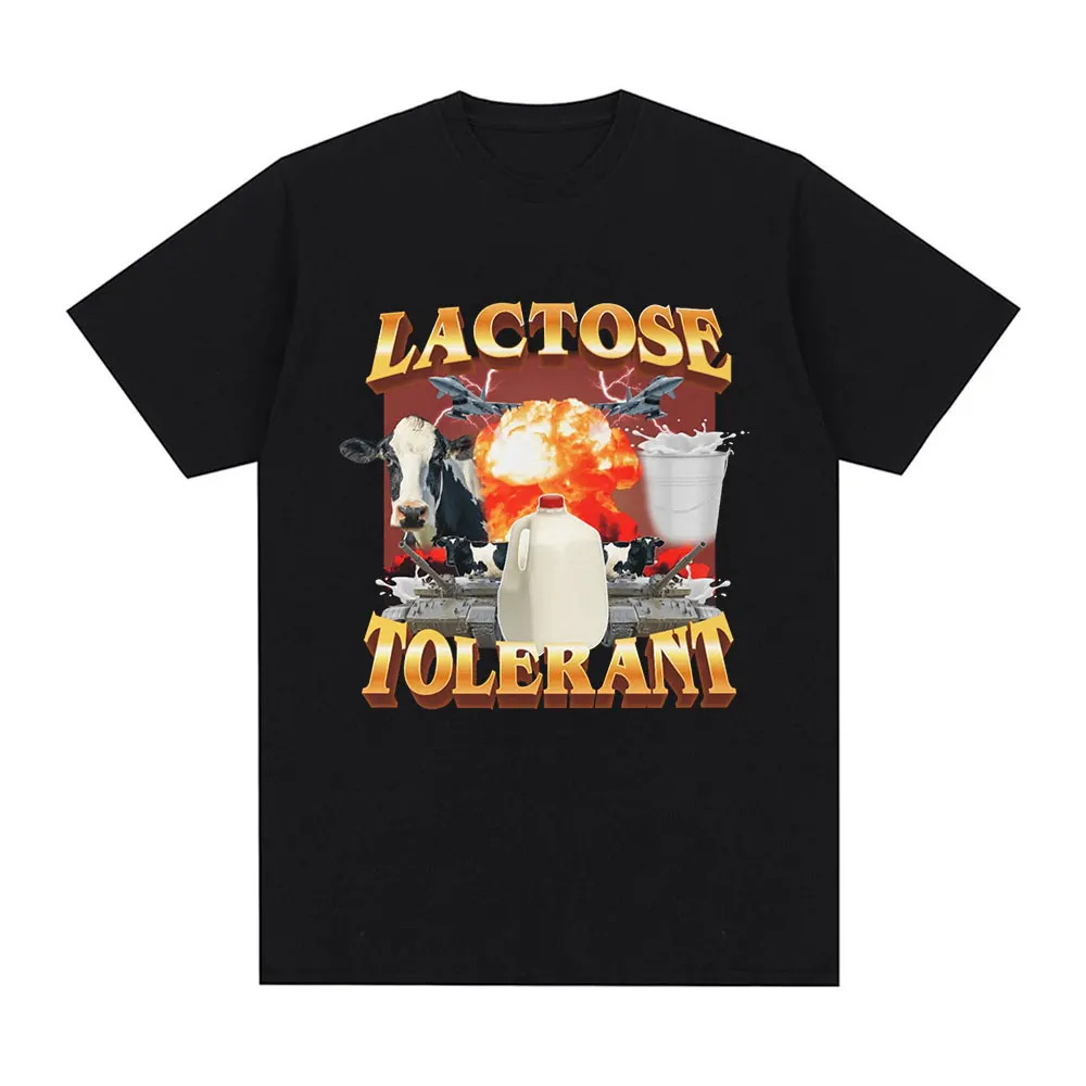 Lactose Tolerant Graphic Print T-Shirt Men\'s Vintage Fashion Short Sleeve T-shirts 100% Cotton Casual Cozy Oversized T Shirts