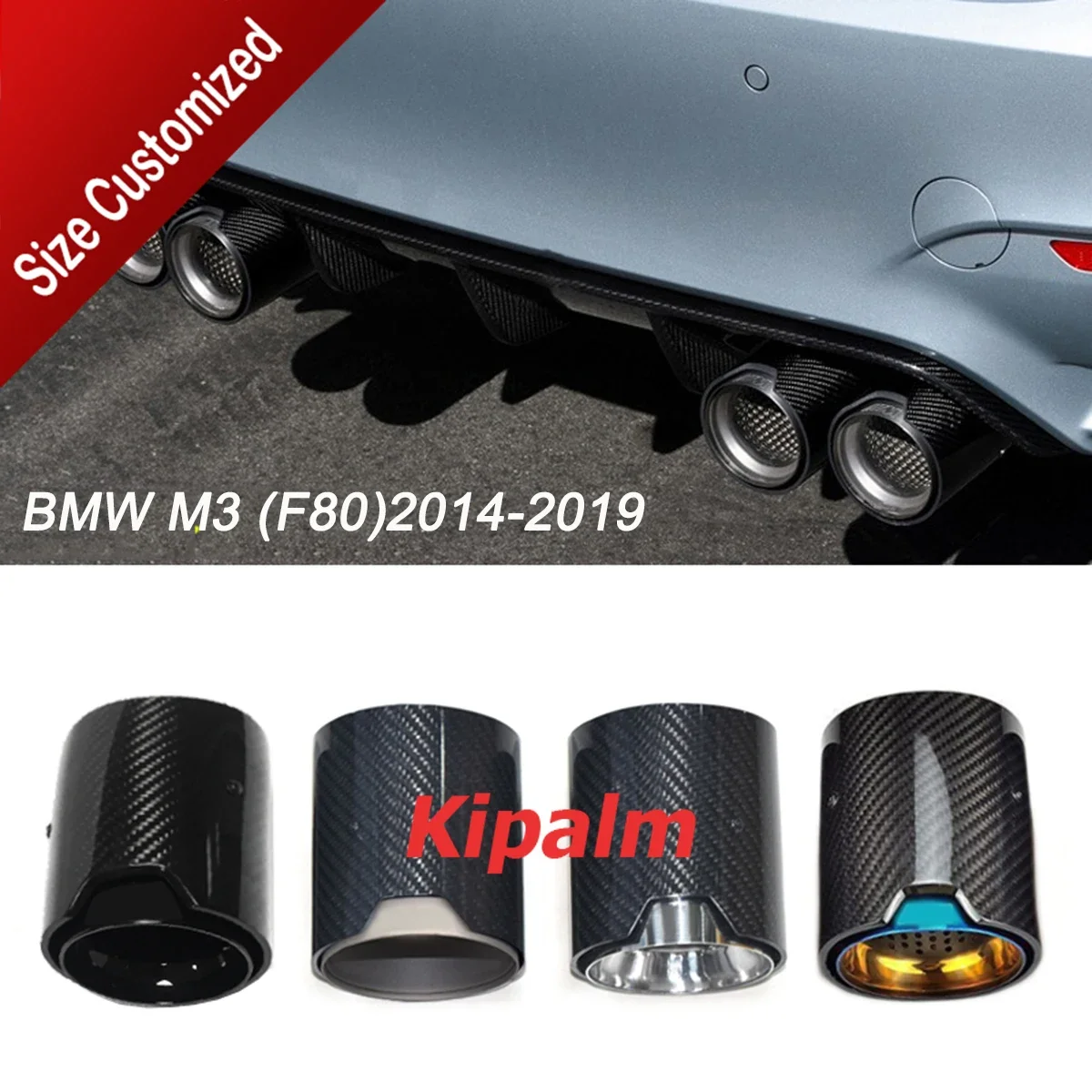 Kipalm 4PCS M3 (F80)2014-2019 Carbon Fiber Exhaust Tip Muffler Pipe with M Logo for BMW