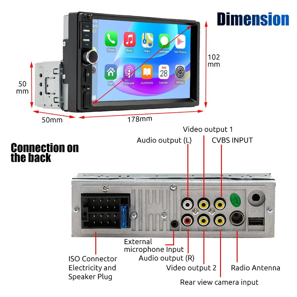 ESSGOO 7 Zoll 1 DIN Universelles Autoradio Stereo Kabelgebundenes Carplay Android Auto Bluetooth TF USB AUX HD Touchscreen Haupteinheit – Detail 13