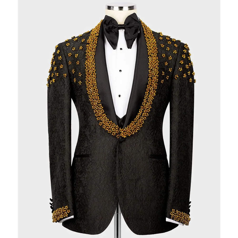 Sparkly Crystals Beaded Suits Men Formal Man Party Single Breasted Jacket Pants 2 Pieces Set Groom Tuxedo Male Fashion Clothing