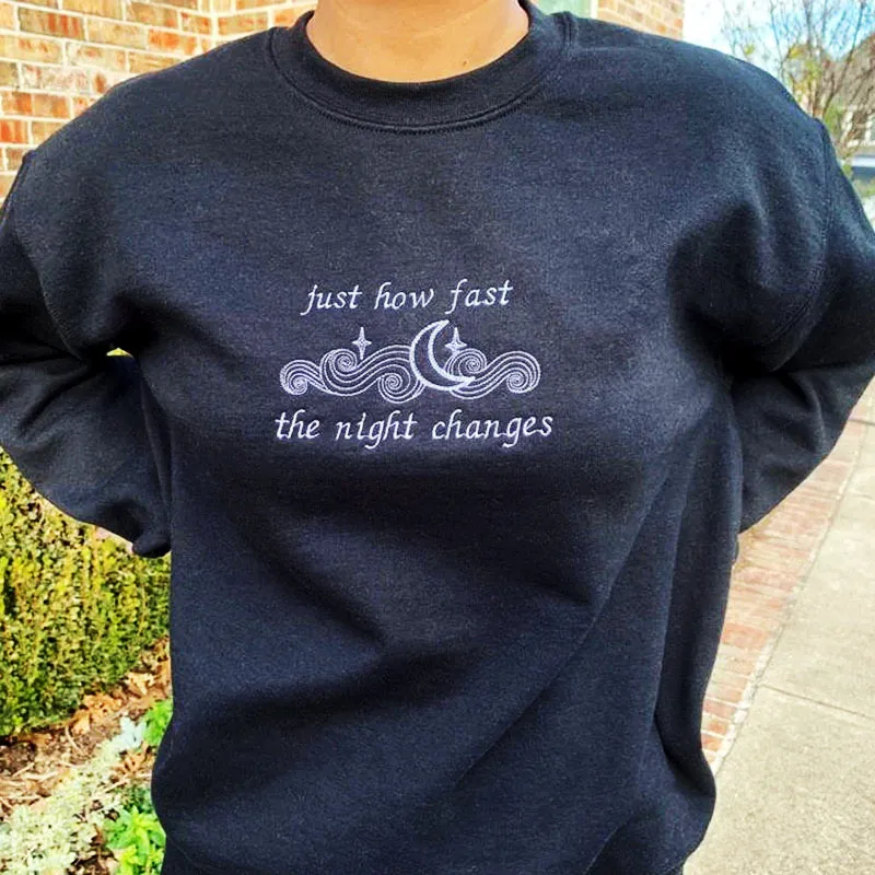 Just How Fast The Night Changes Female Embroidered Black Sweatshirts Long Sleeve Loose Cotton Spring Cotton Retro Pullover