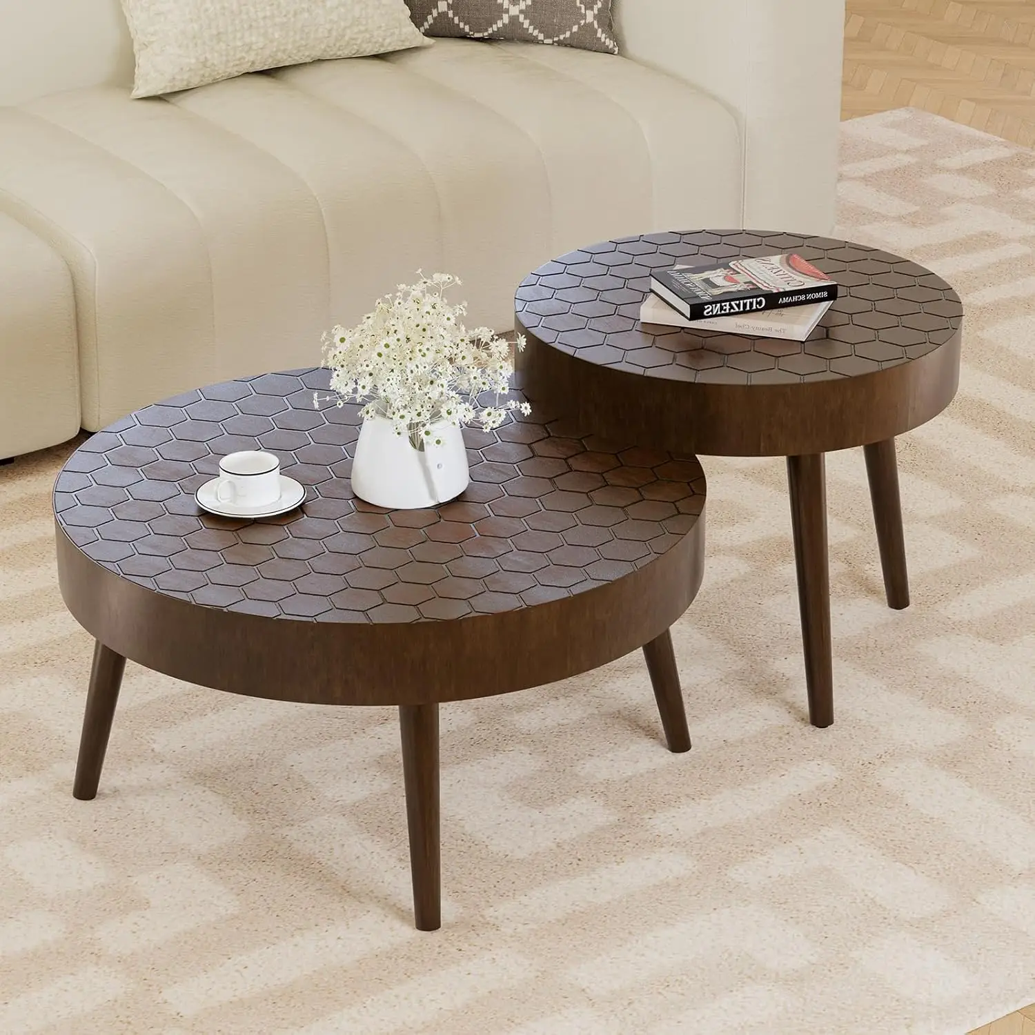 Hompus Round Nesting Coffee Table W Honeycomb Pattern Tabletop, 2 Piece Coffee Table Set Living Room Table Set Circle W Wood