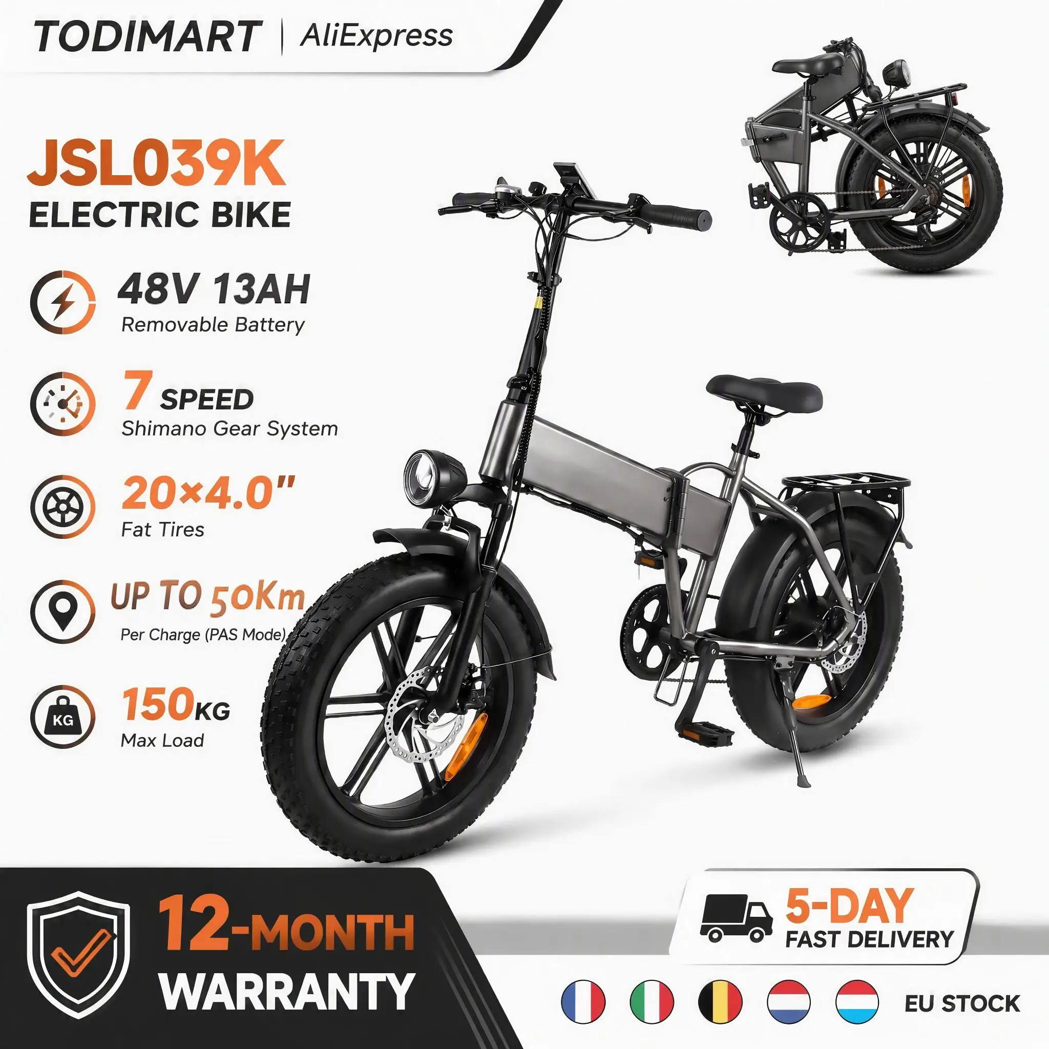 Faltbares Elektrofahrrad für Erwachsene 48V 13Ah 20-Zoll-Reifen Geländetauglich 7-Gang-Schaltung Federgabel Doppelscheibenbremse LCD-Display Reichweitenstarkes Elektrofahrrad für Pendler und
