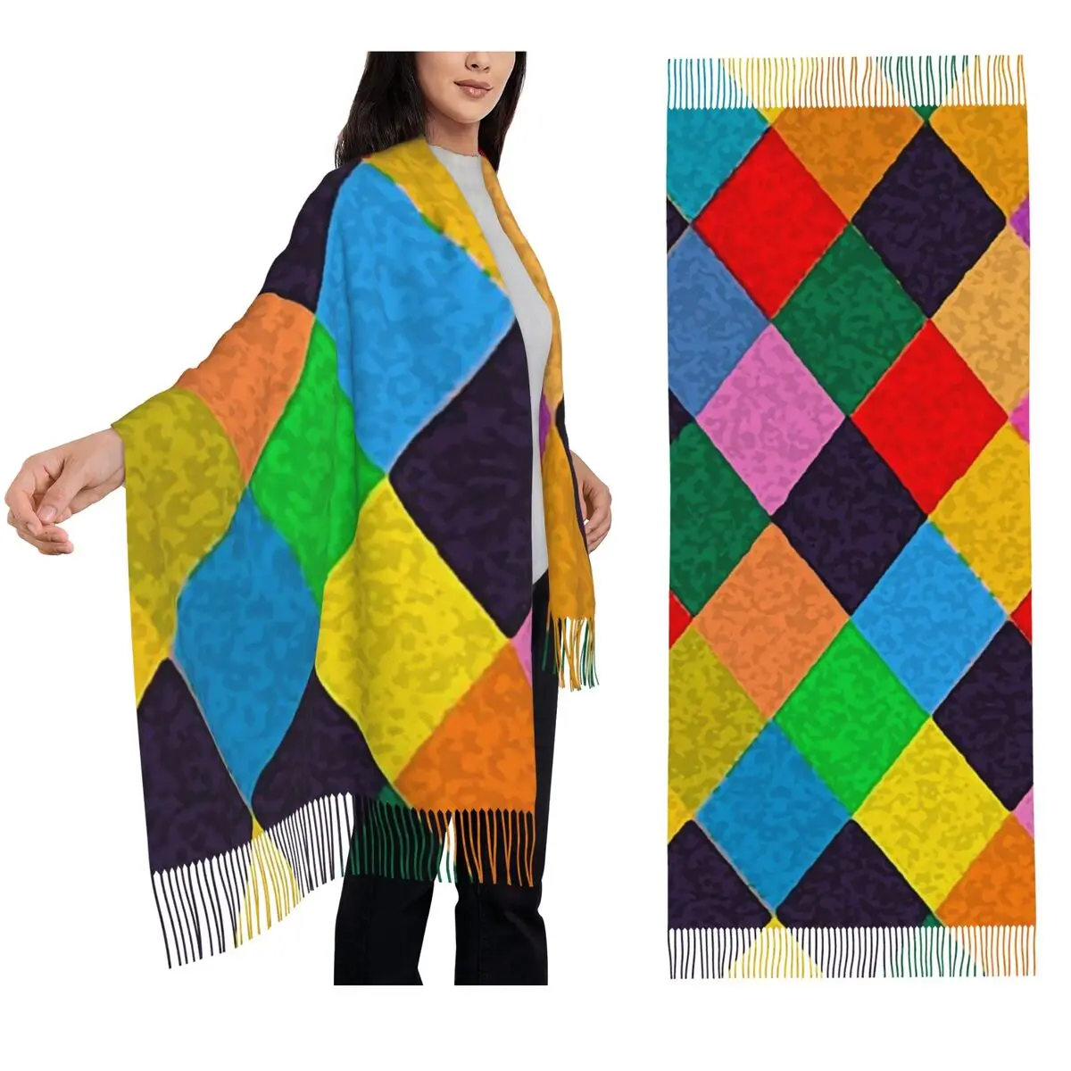 Mardi Gras Harlequin Plaid Playing Cards Rhombi Scarf Tassel Scarves for Women Soft Warm Shawls and Wraps Large Shawl Wrap