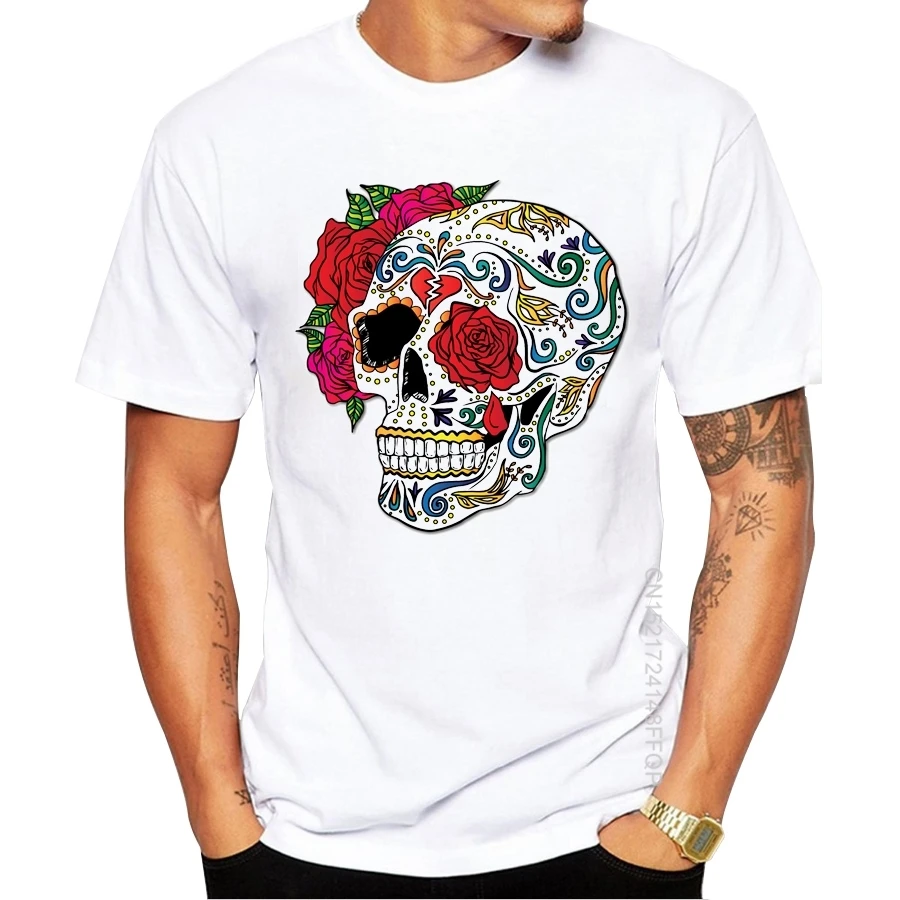 100% Cotton Heart Break Skull Designer Men T-Shirt Crew Neck Mexican Tops Hipster Flower Skull Printed T Shirts Cool Tees