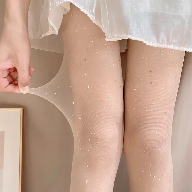 Glitter sequined stockings summer ultra-thin and thin stars beautiful legs bottoming pantyhose knee high socks