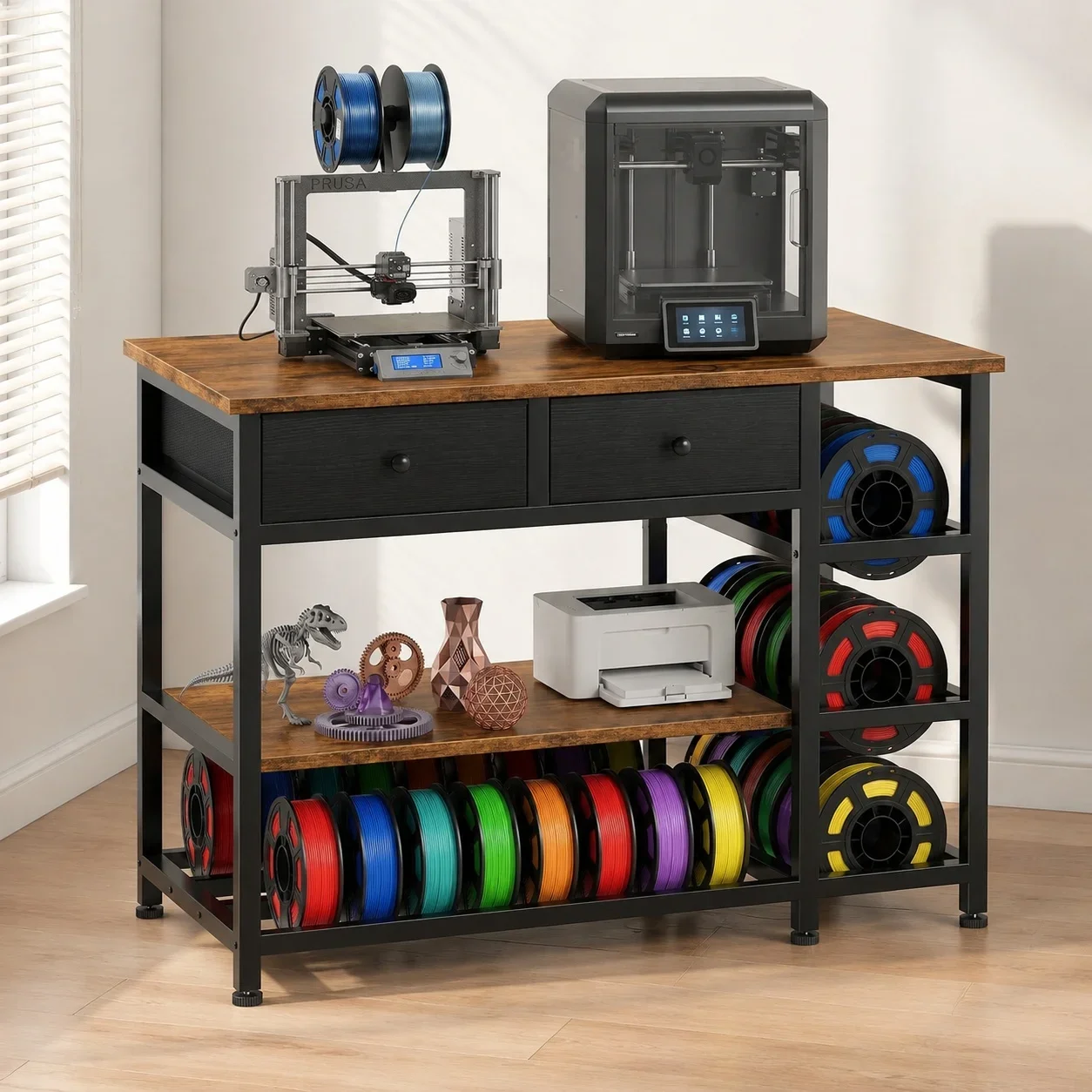 USA Stock 3D Printer Stand with Storage,3-Tier Heavy Duty 3 D Printer Table Shelf with 2 Fabric Drawers, 3 D Printing Desk for T