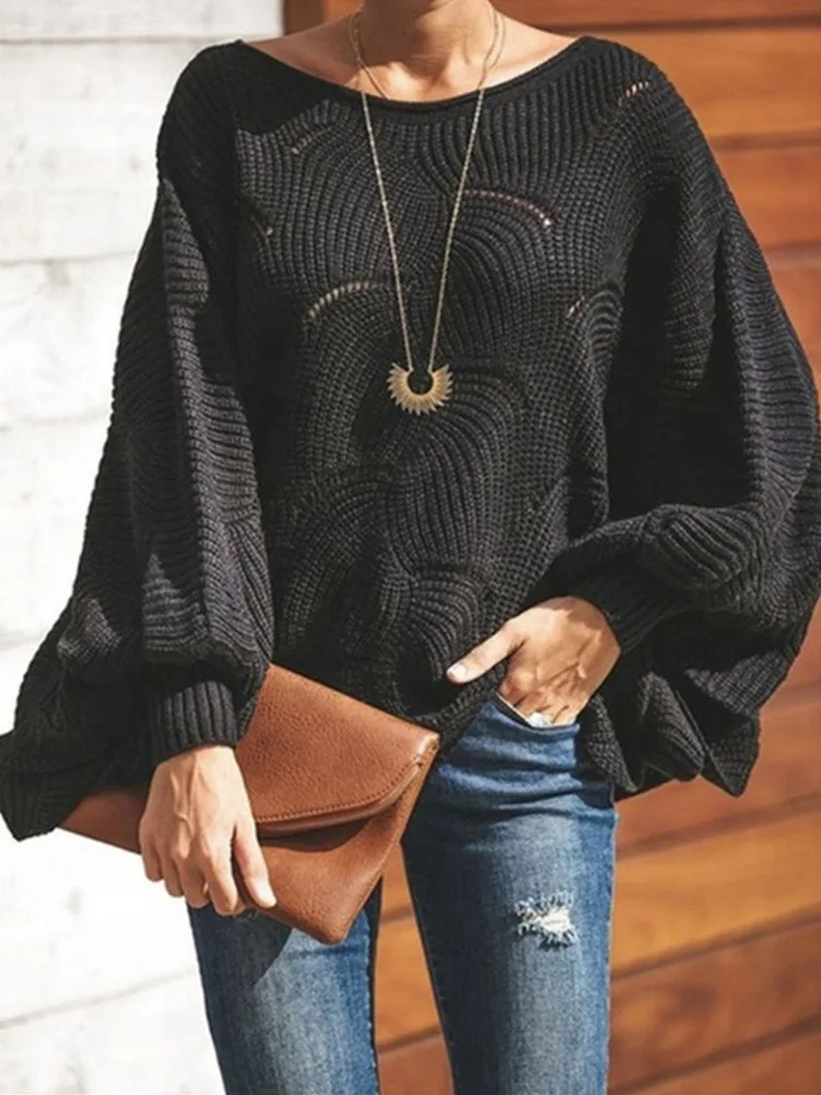 Women Loose Sweater Cloak Casual Soft Lantern Sleeve Hollow Out Pullovers Knit O Neck Wave Hem Solid Female Sweaters