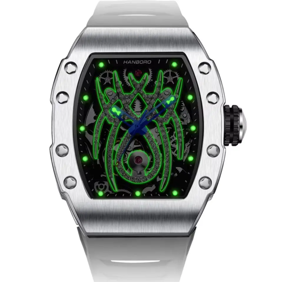 HANBORO Men Automatic Watch 50mm Tonneau Mechanical Wristwatch Luminous 50M Waterproof Skeleton Crystal Spider Dial Miyota Mov