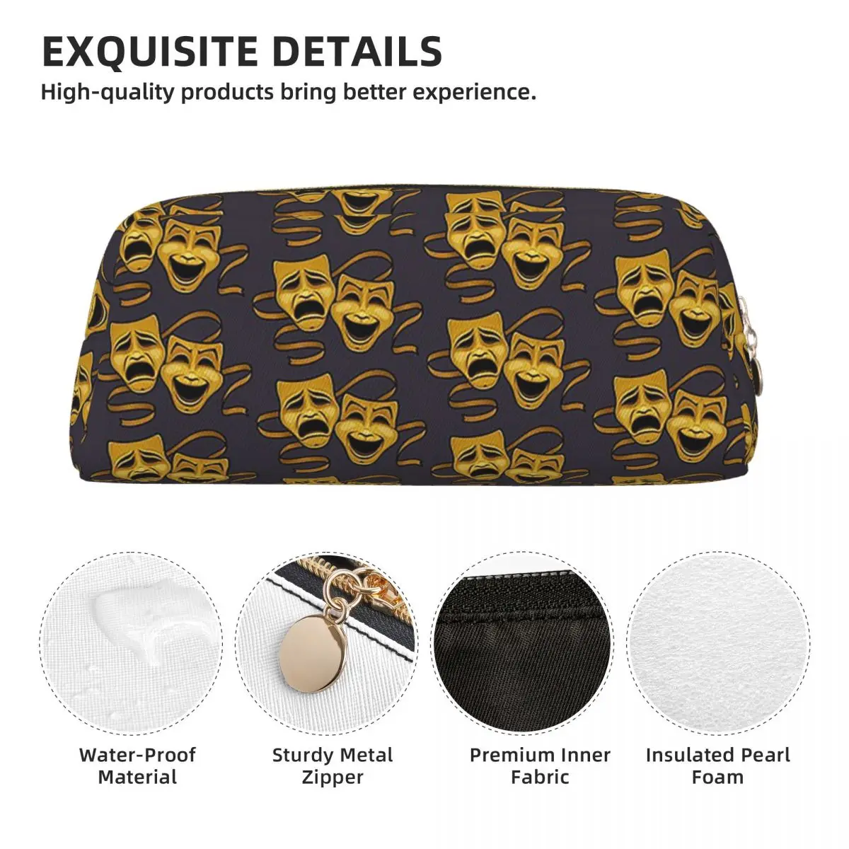 Gold Comedy And Tragedy Theater Masks Pencil Cases Student School Pen Box Pencil Bag Pencil Pouch Storage Stationery Supplies view 3