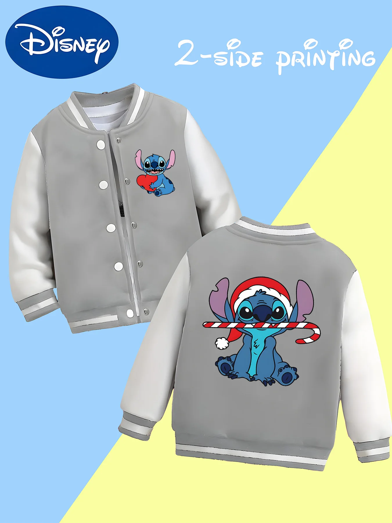 سترة بيسبول MINISO Disney Christmas Stitch للأولاد - طباعة عيد الميلاد على الوجهين، مثالية لملابس المدرسة في الخريف والشتاء