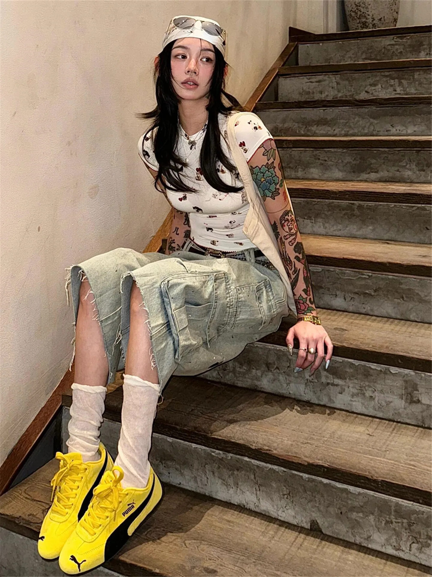 American Style Vintage Splashed Ink Light Blue Seven Workwear Denim Shorts Women Summer Loose Slim Multi Pocket Hem Jeans