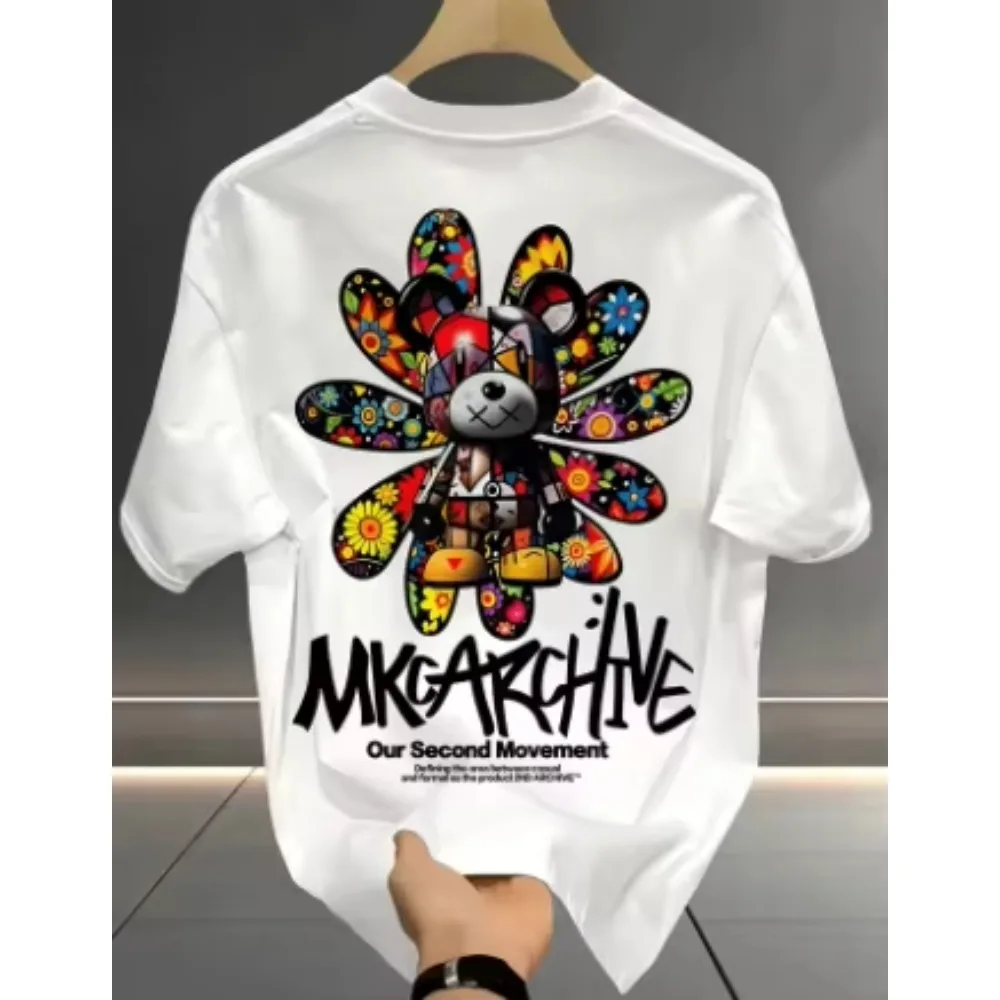 2026 New Loose Street Style Bear Patch Graphic T-shirt, Colorful Back Print Short Sleeve Top, Trendy Casual Tee