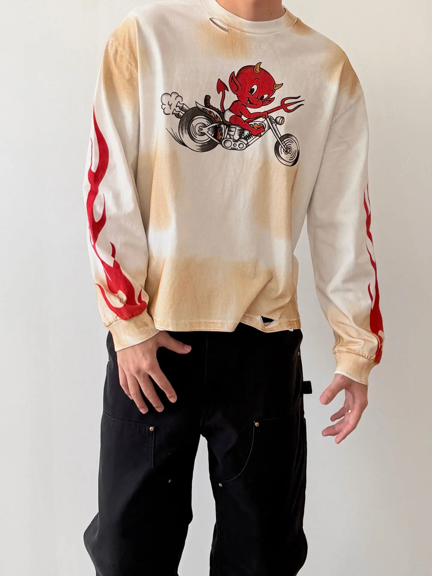 Street Style Devilish Flame Print Washed Loose Long Sleeve T-Shirt for Men Casual Breathable Cotton Tee Summer Fashion