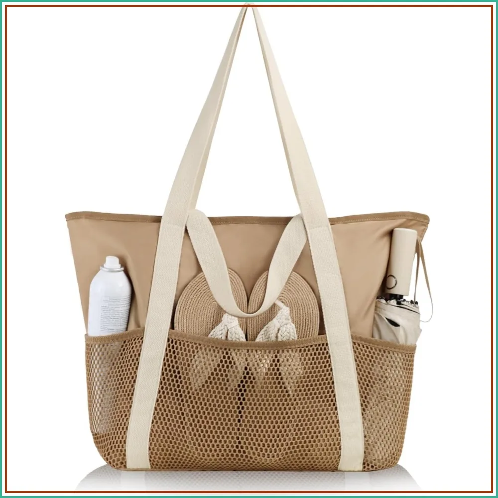 

Large Waterproof Sandproof Beach Tote for Women with Zipper and Mesh Pockets