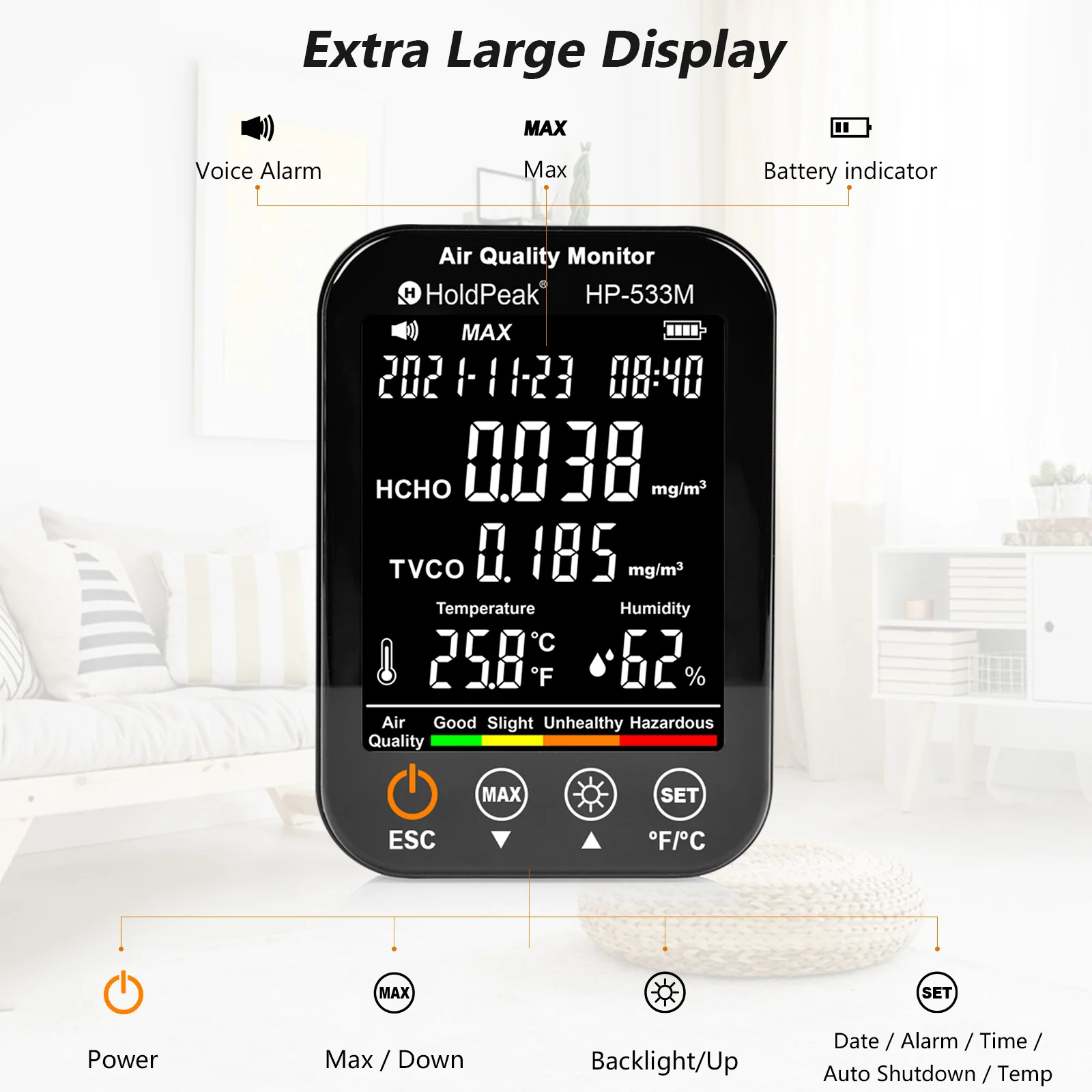 HoldPeak 533M 4-in-1 HCHO TVOC Temp Humidity Air Quality Tester 96 Data Storage 24H Logging Voice Alarm for Home
