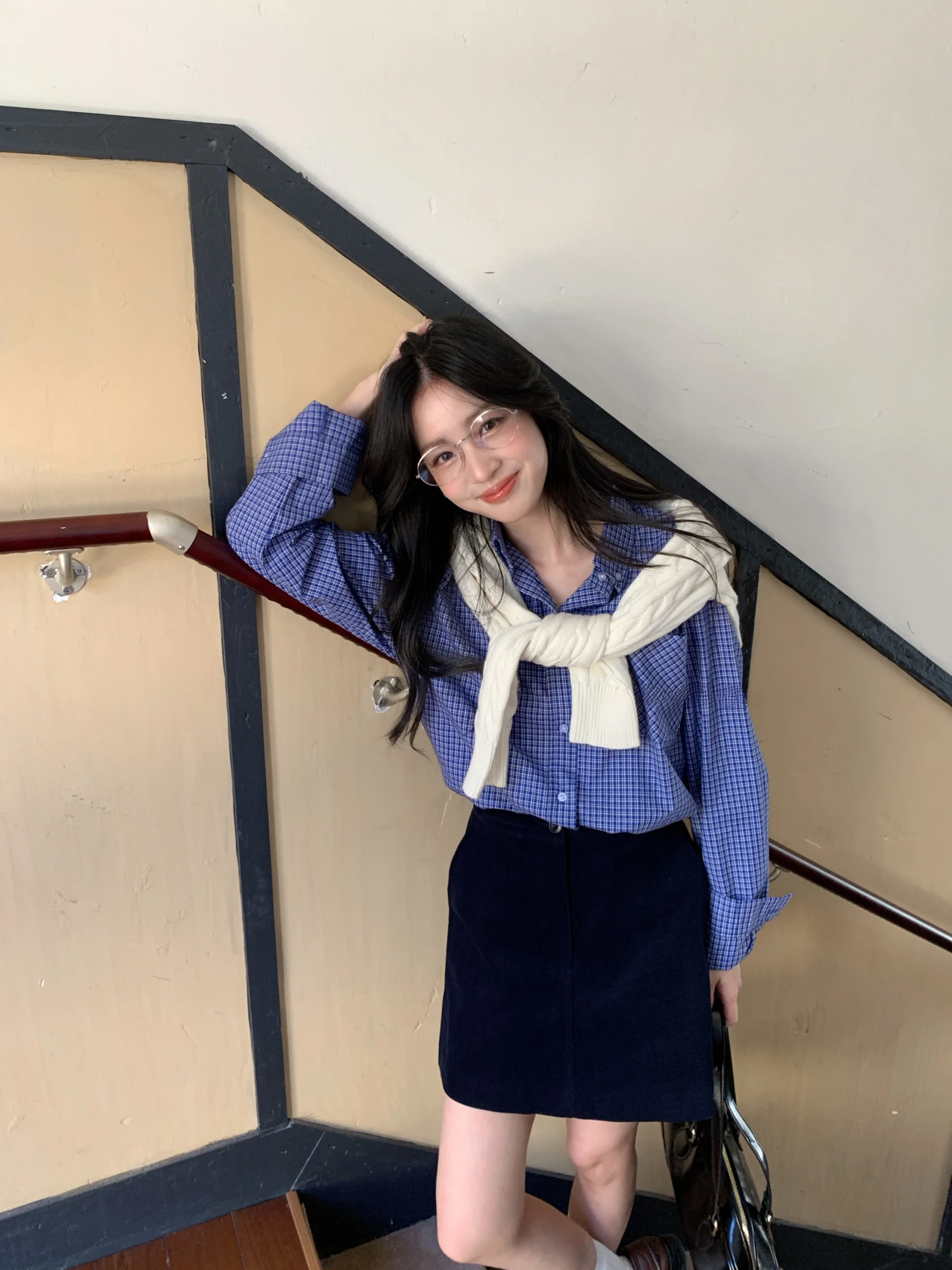 

XIYO винтажная синяя клетчатая корейская женская повседневная длинная хлопковая блузка Miu для колледжа, осенняя женская блузка Faion